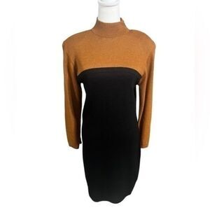 Vintage 80s St. John brown and black knee length dress size 6 mock neck